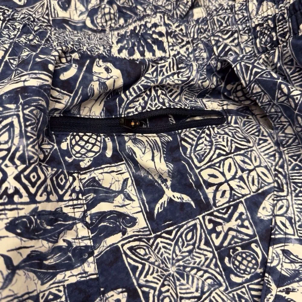 Lands’ End Mens ‎ 9” Volley Swim Trunks Shorts Navy Fish Block Print Sz XL